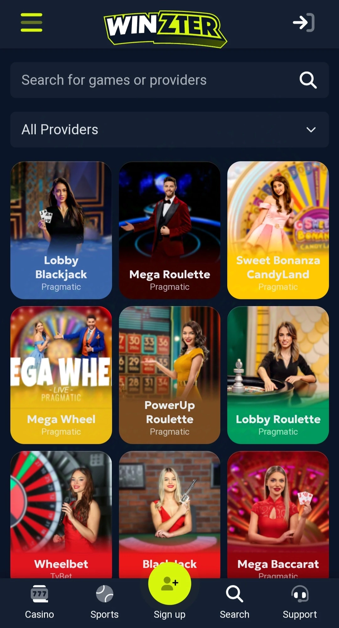 Winzter Casino Mobile Interface