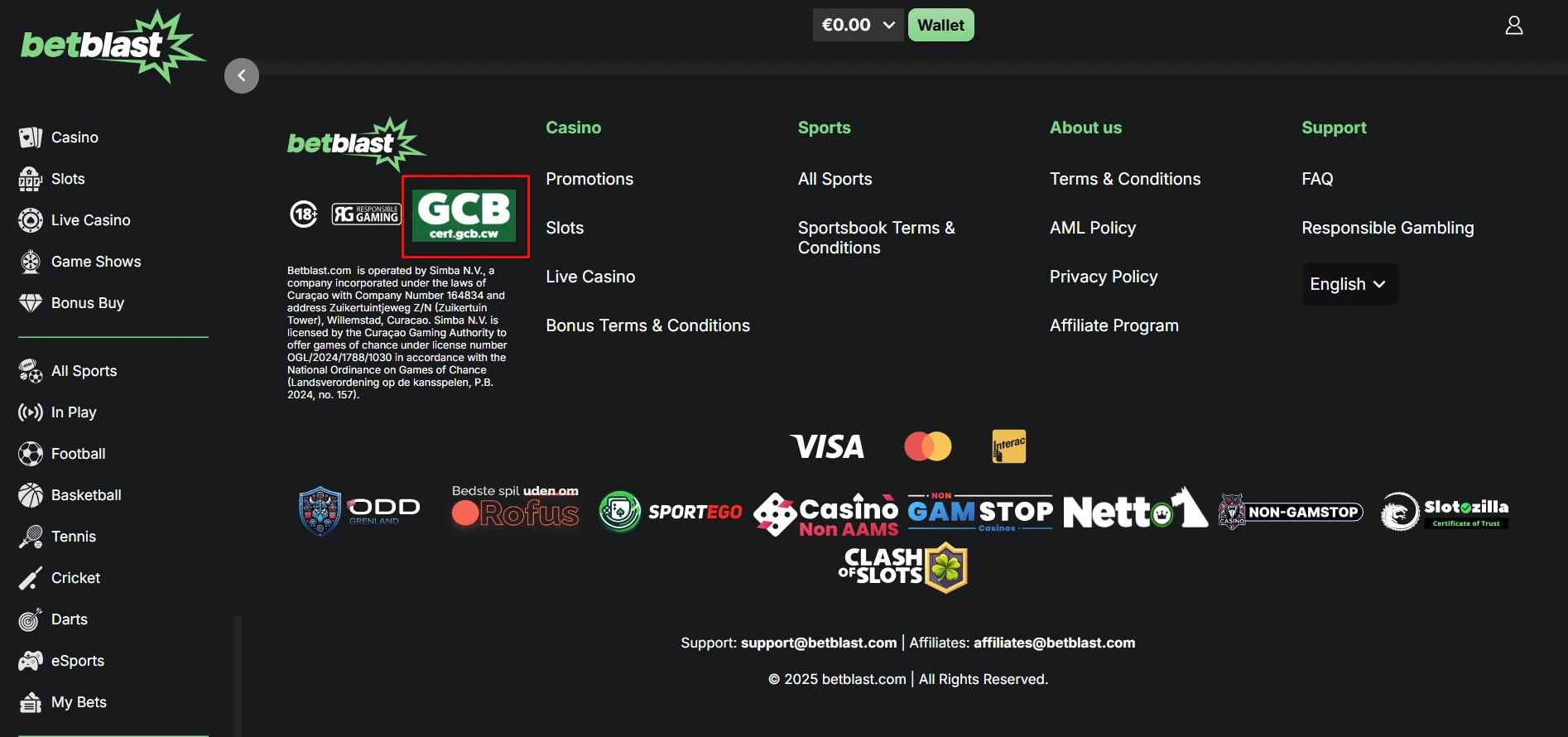 Betblast Casino license