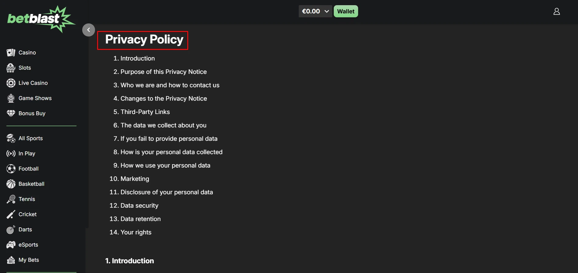 Betblast Casino Privacy Policy