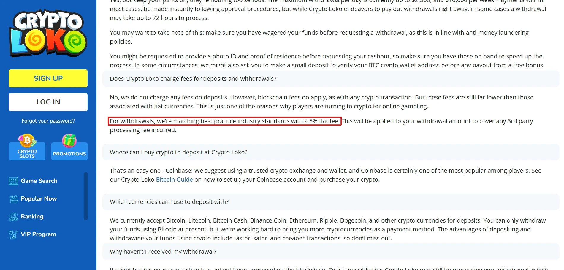 Crypto Loko Casino Withdrawal Fees