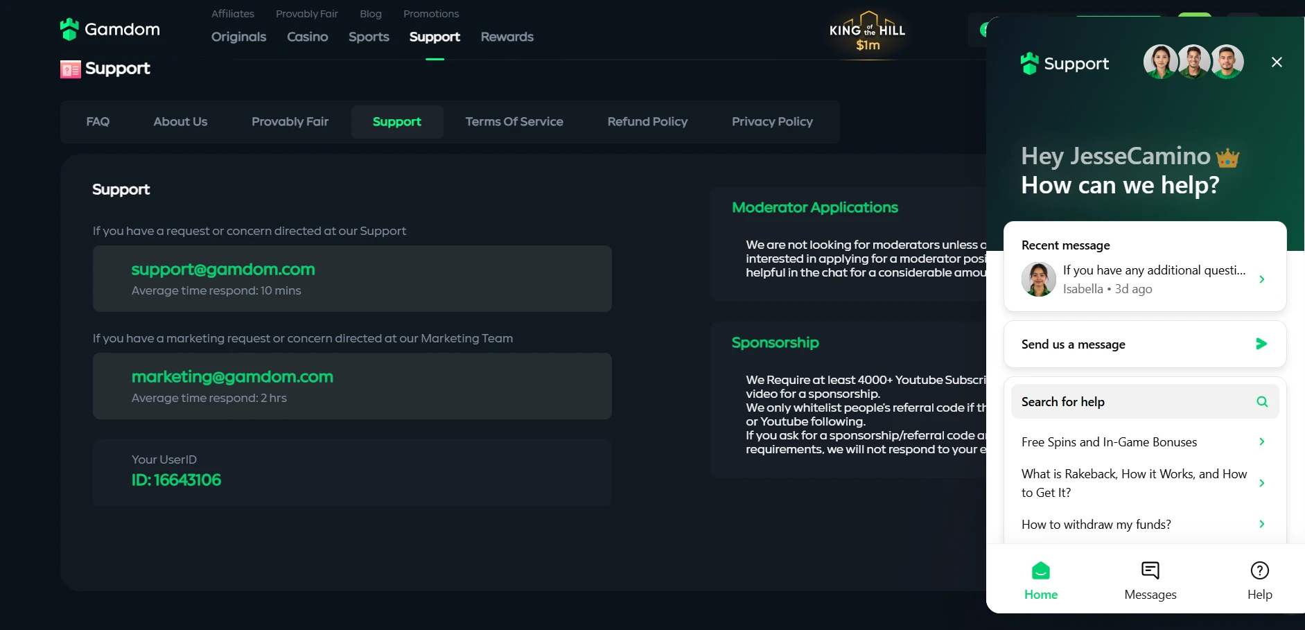 Gamdom Casino Customer Support