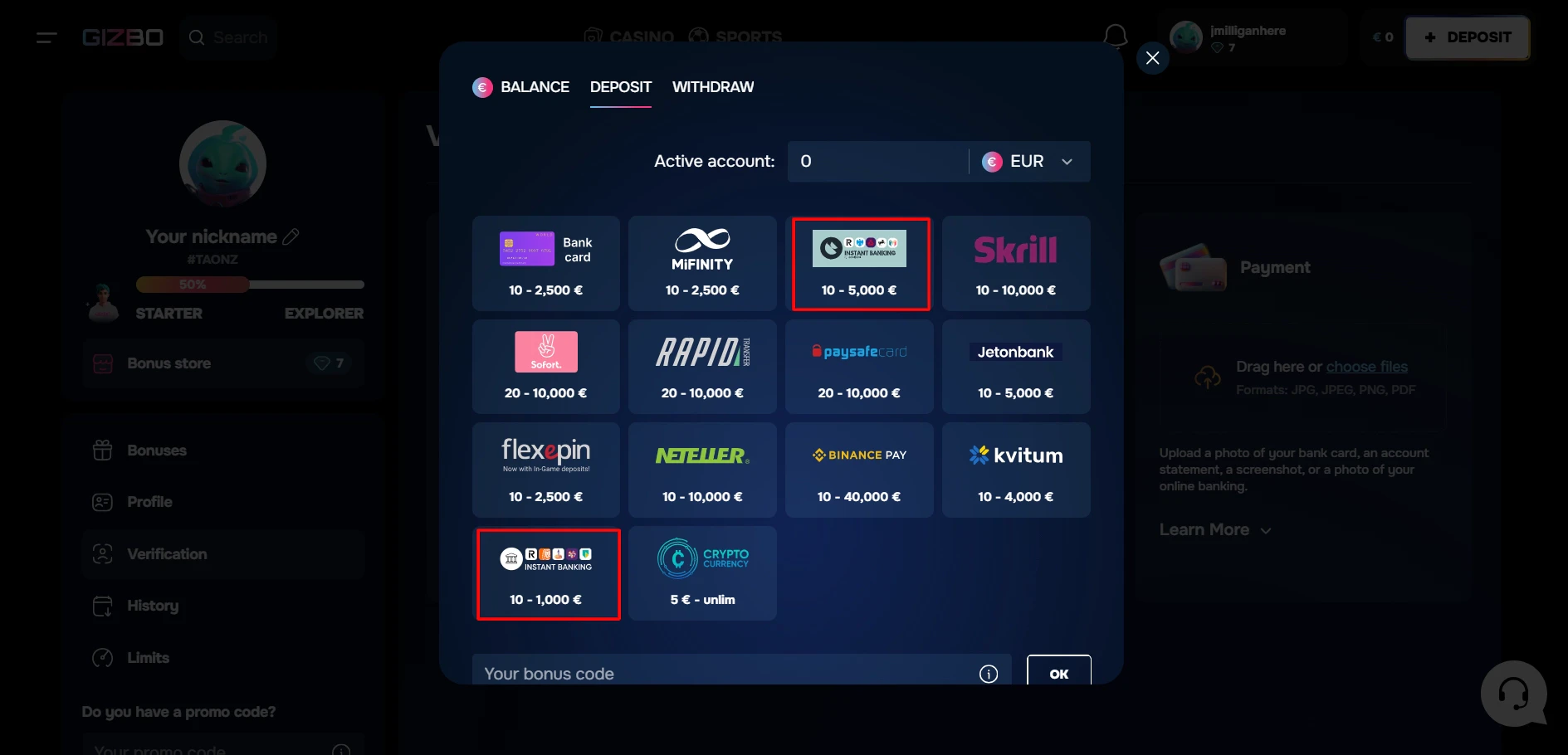 Instant Bank Transfer with Gizbo Casino