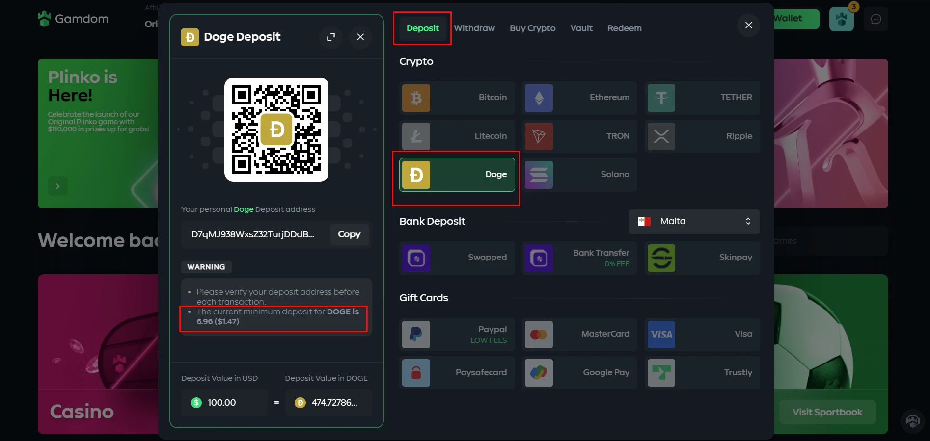 Gamdom Dogecoin Deposit