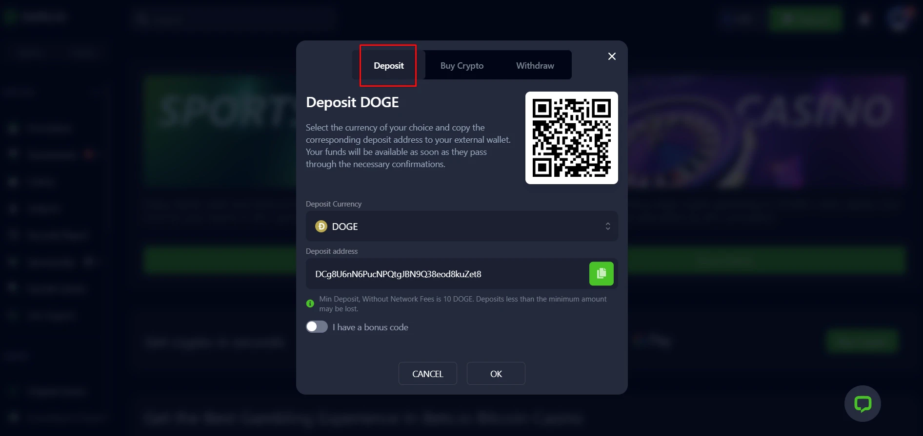 Bets.io Dogecoin Deposit