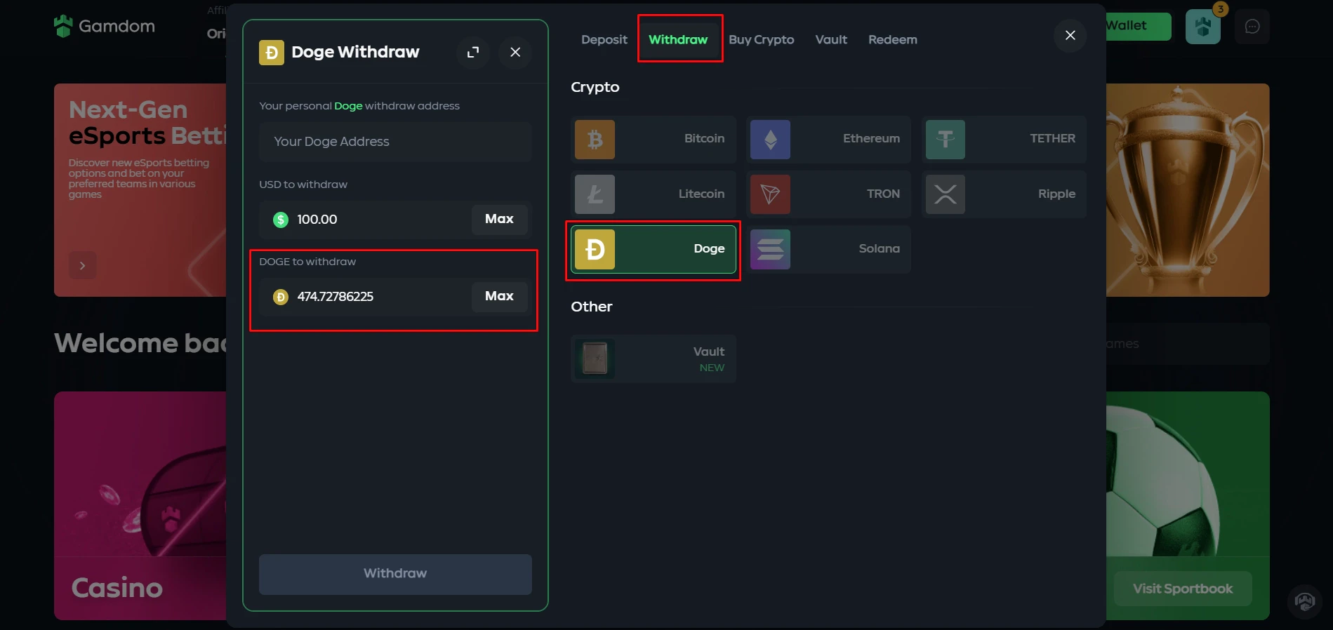 Gamdom Casino Dogecoin Transactions