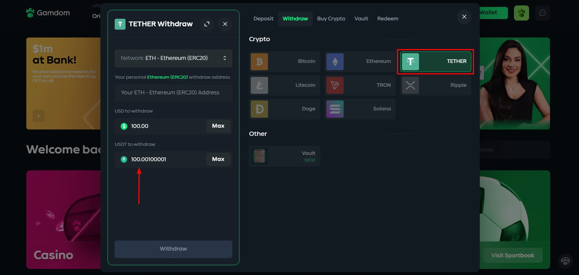Gamdom Casino Tether