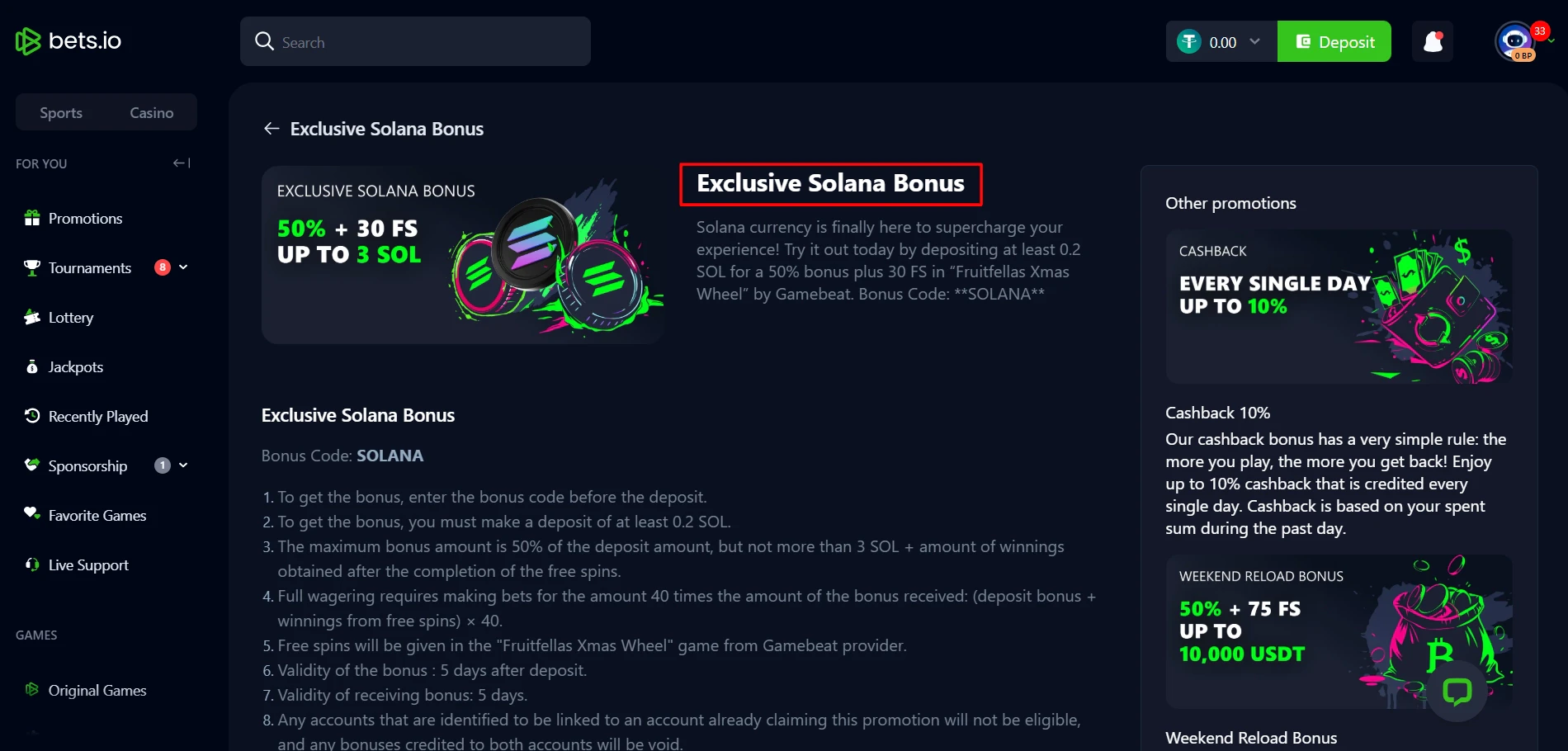Bets.io Solana Bonus