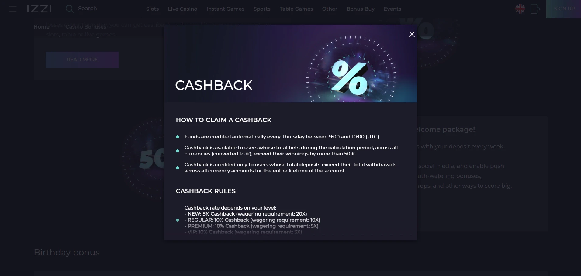 Izzi Casino Cashback Offer