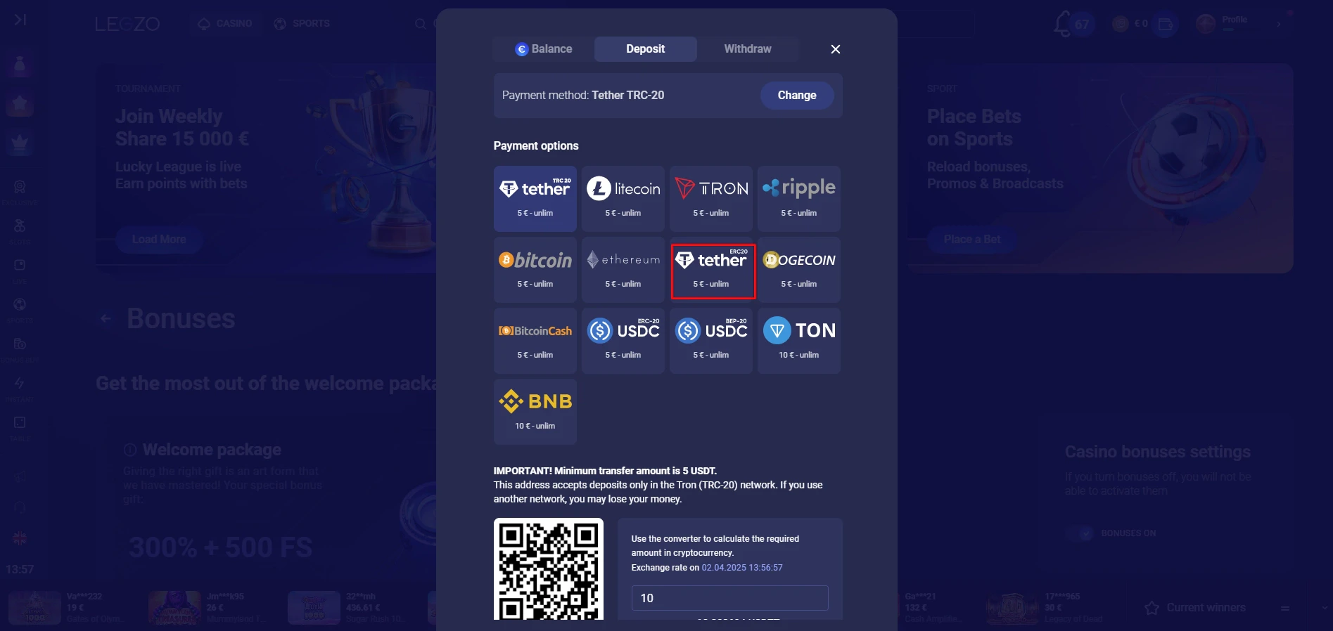 Legzo Casino Tether payment method