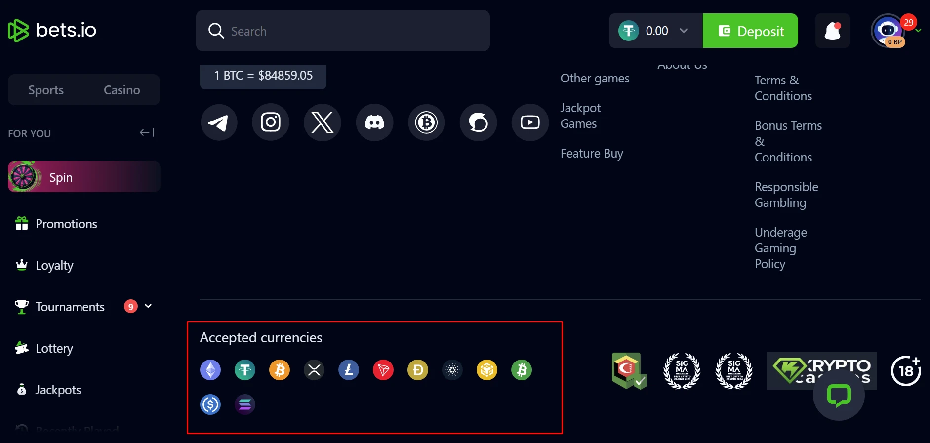 Bets.io Casino Accepted Cryptocurrencies