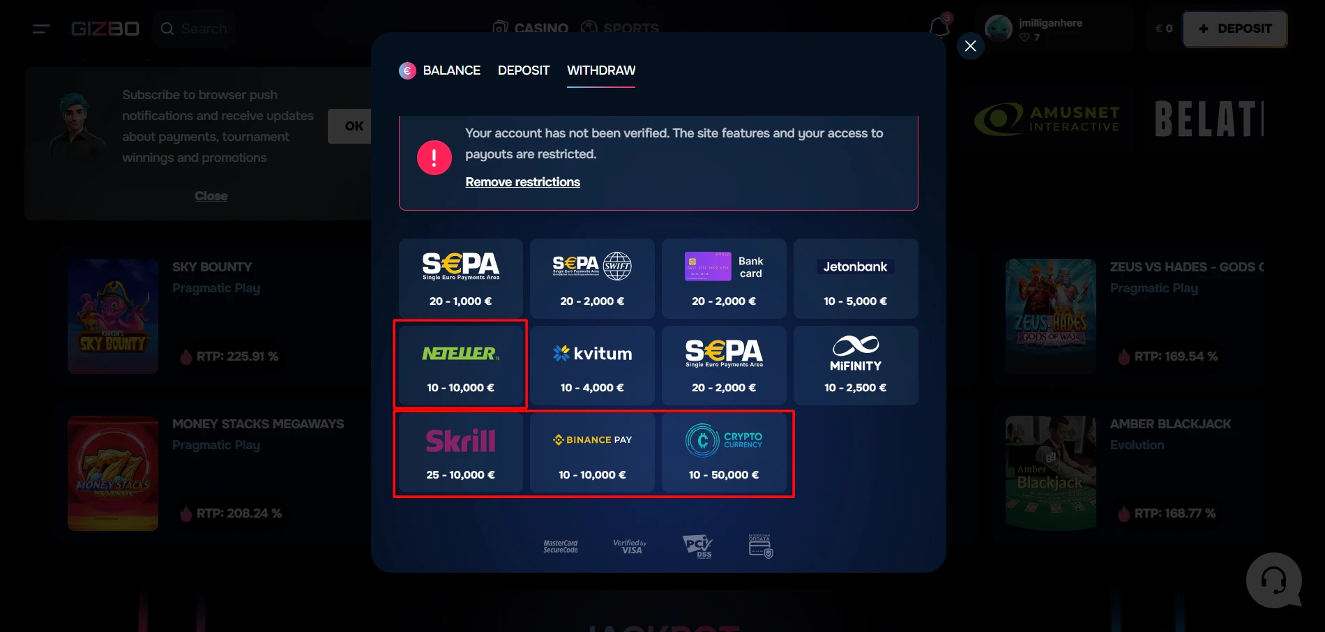 Gizbo Casino Selecting Instant Withdrawal Method