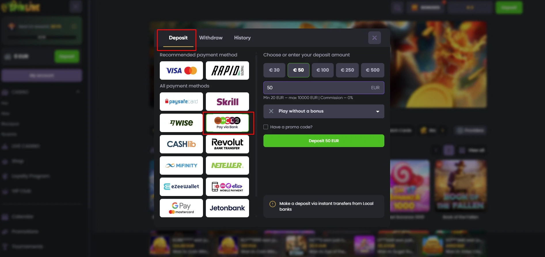 Spinline Casino Bank Card Deposits