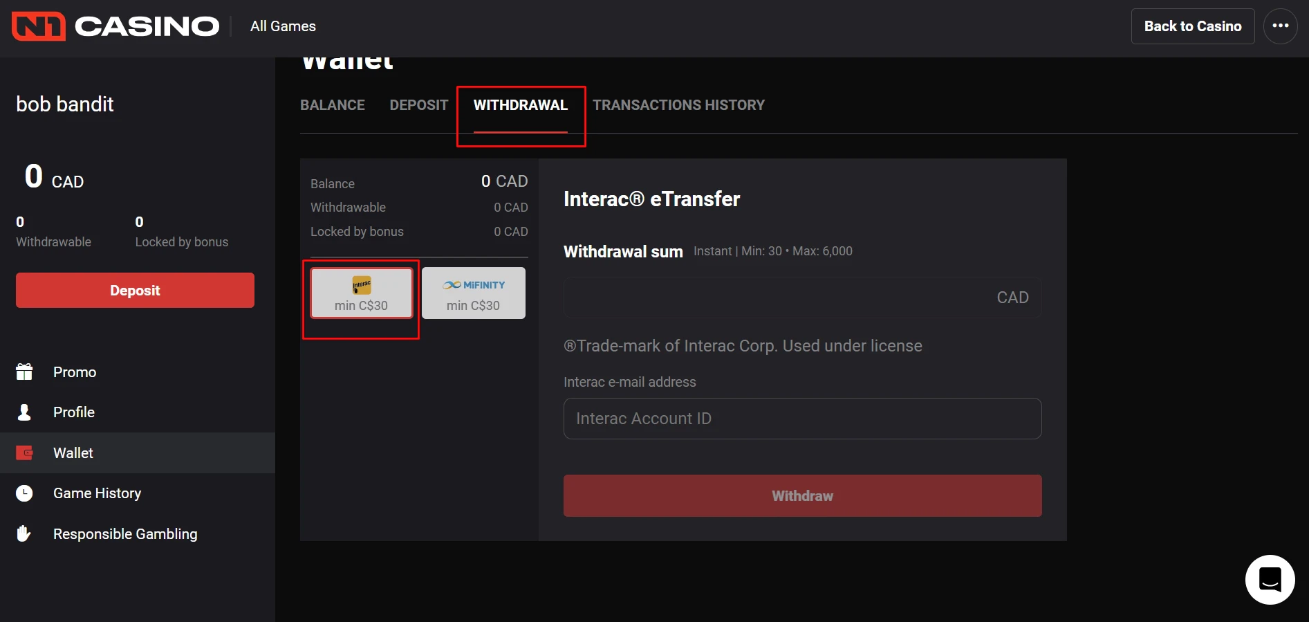 N1 Casino Interac