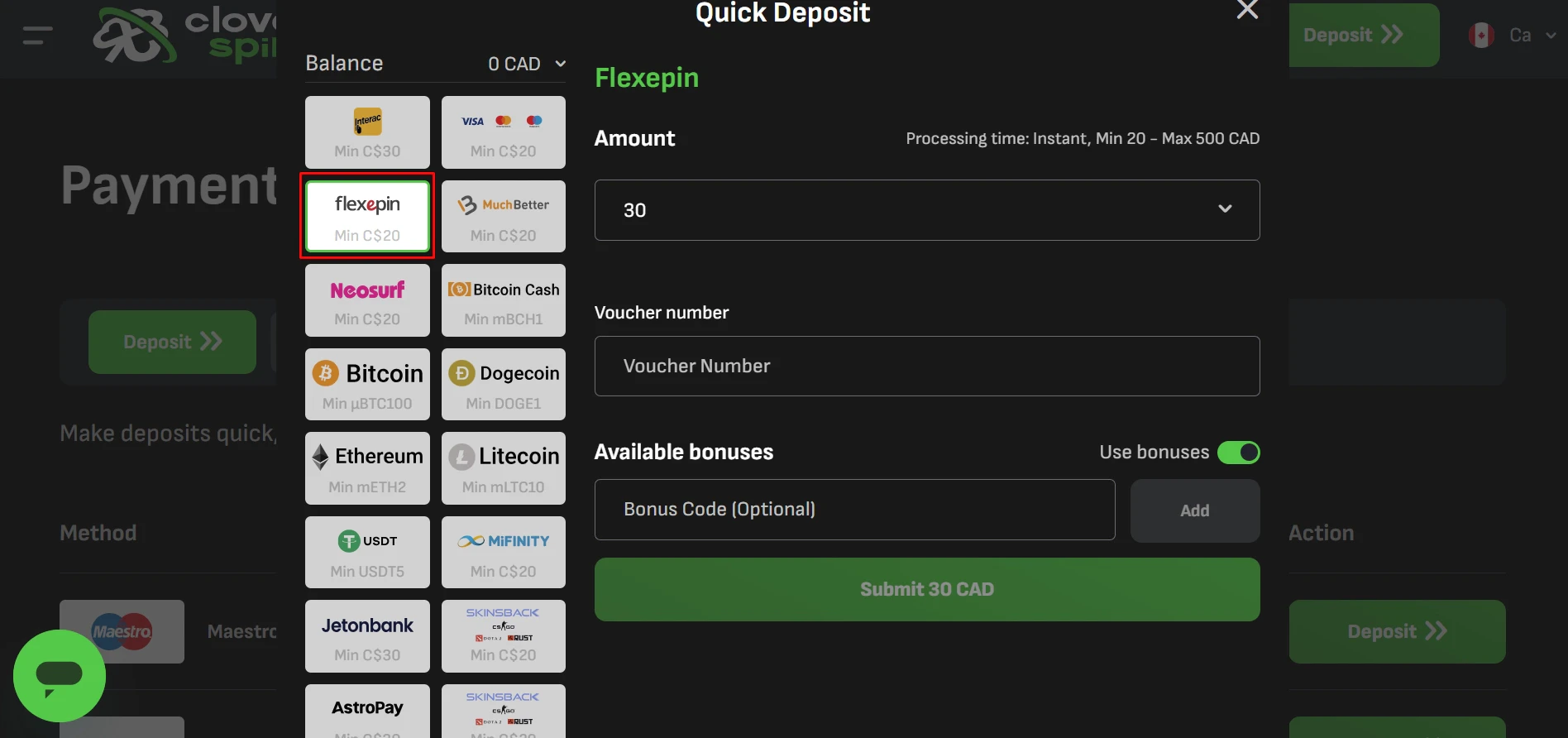 Cloverspin Casino Flexepin