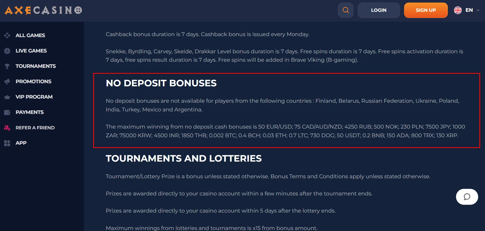 Axe Casino No Deposit Bonuses