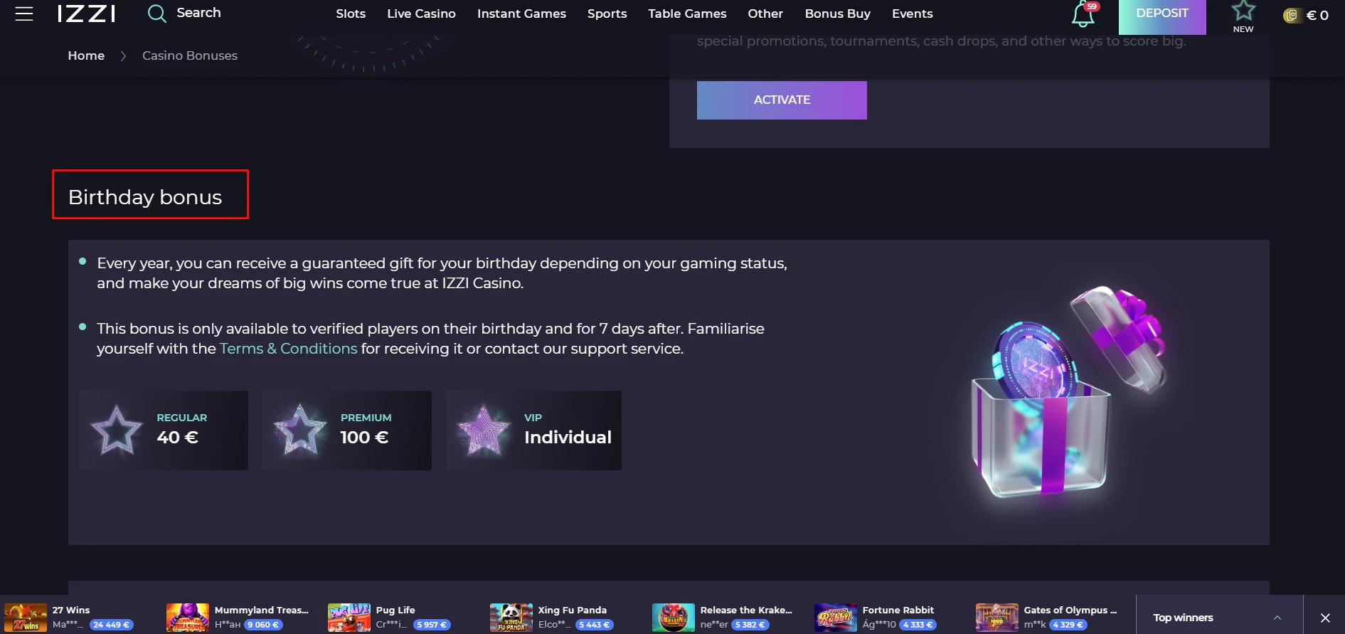 Izzi Casino Birthday Bonus