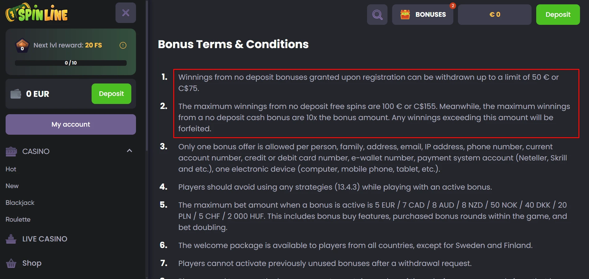 Spinline Casino No Deposit Bonus