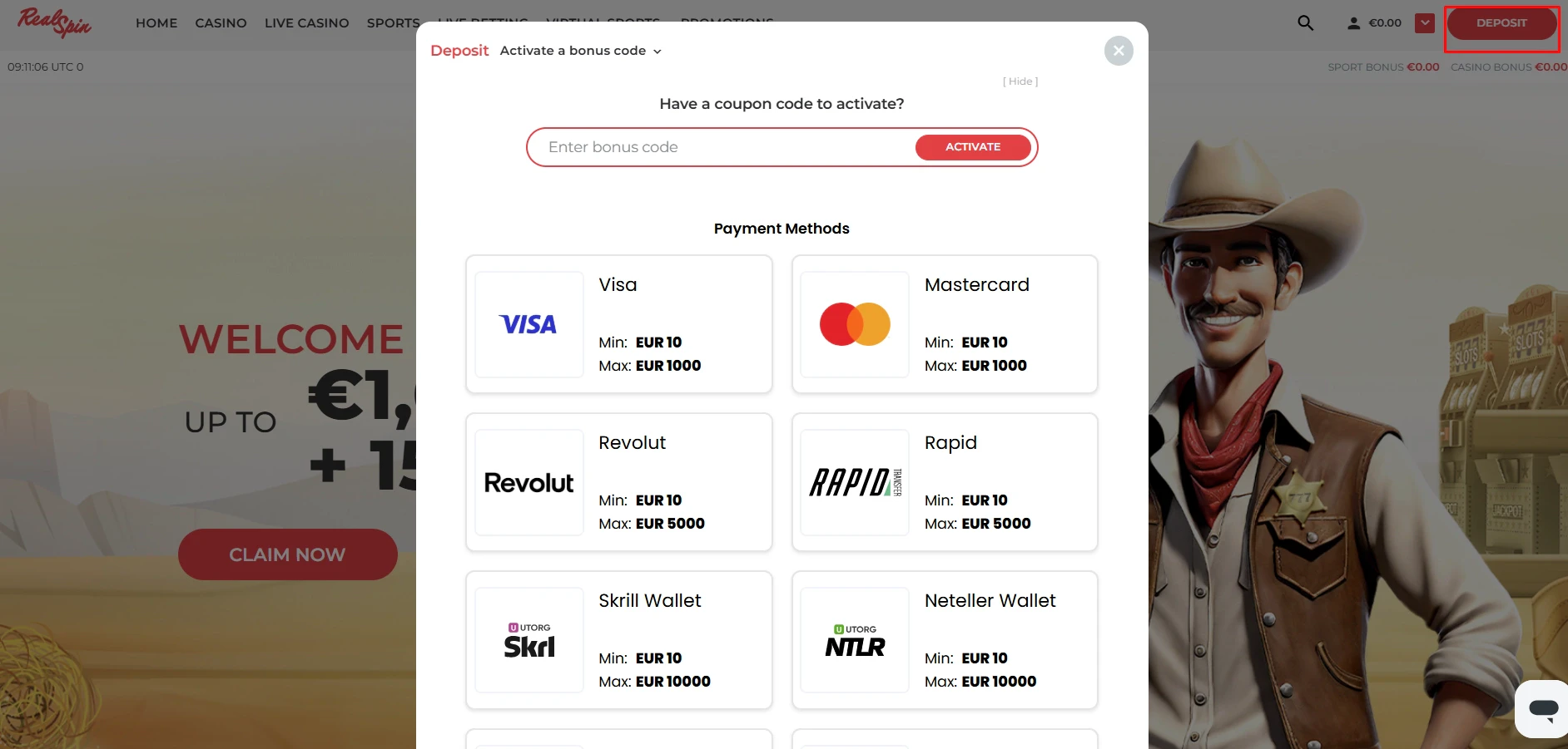 RealSpin Casino Deposit Methods