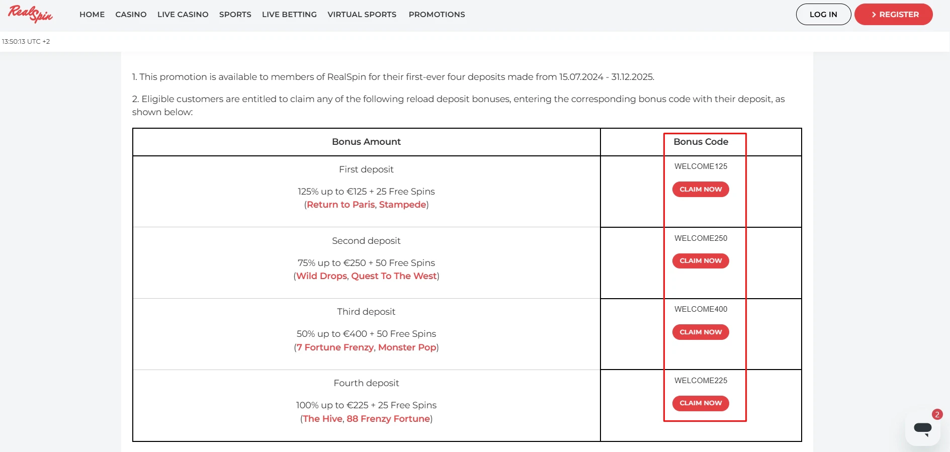 RealSpin Casino Bonus Codes
