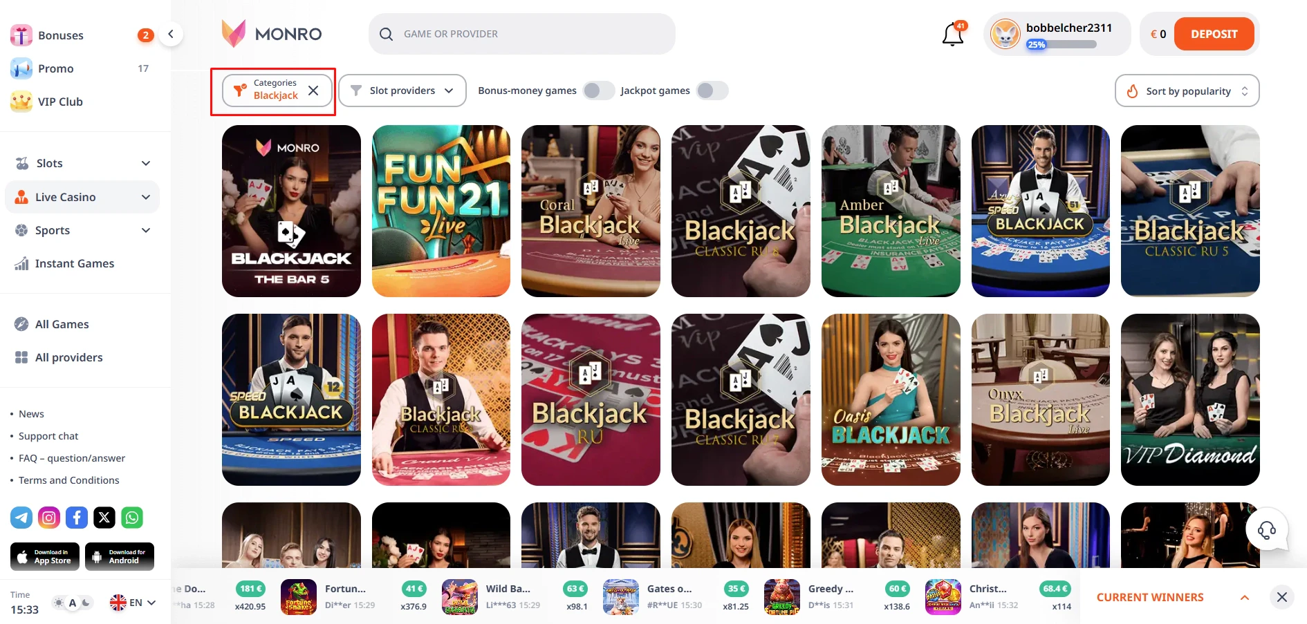 Monro Casino Live Blackjack