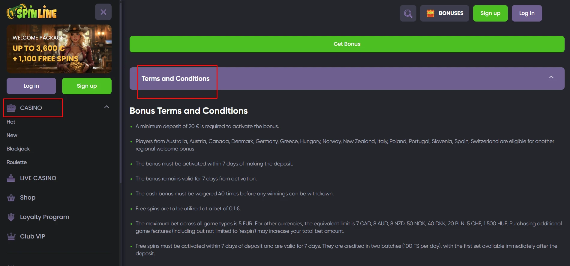 Spinline Casino Welcome Bonus Terms