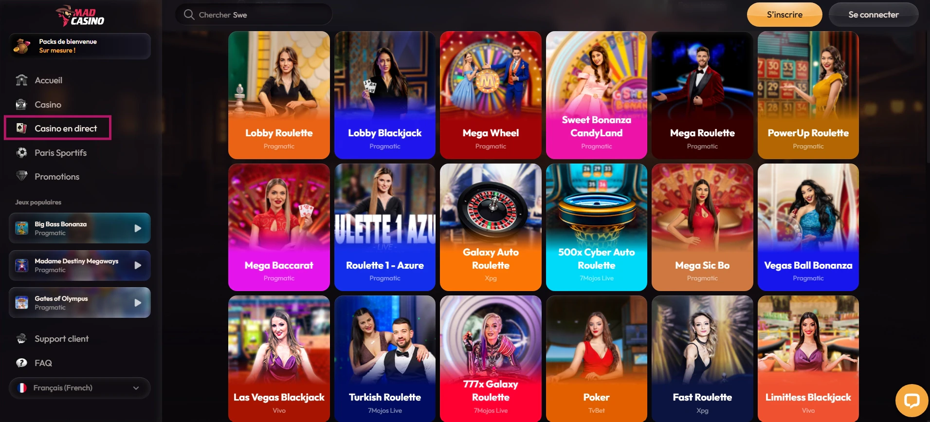 Les jeux Lives sur MadCasino