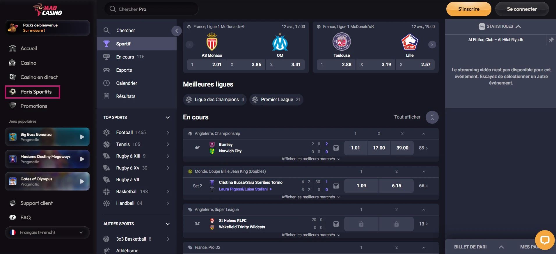 Les paris sportifs sur MadCasino