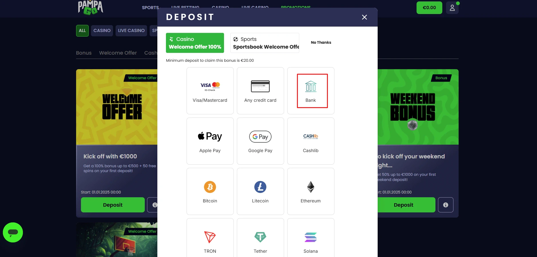PampaGo Casino Bank Transfer