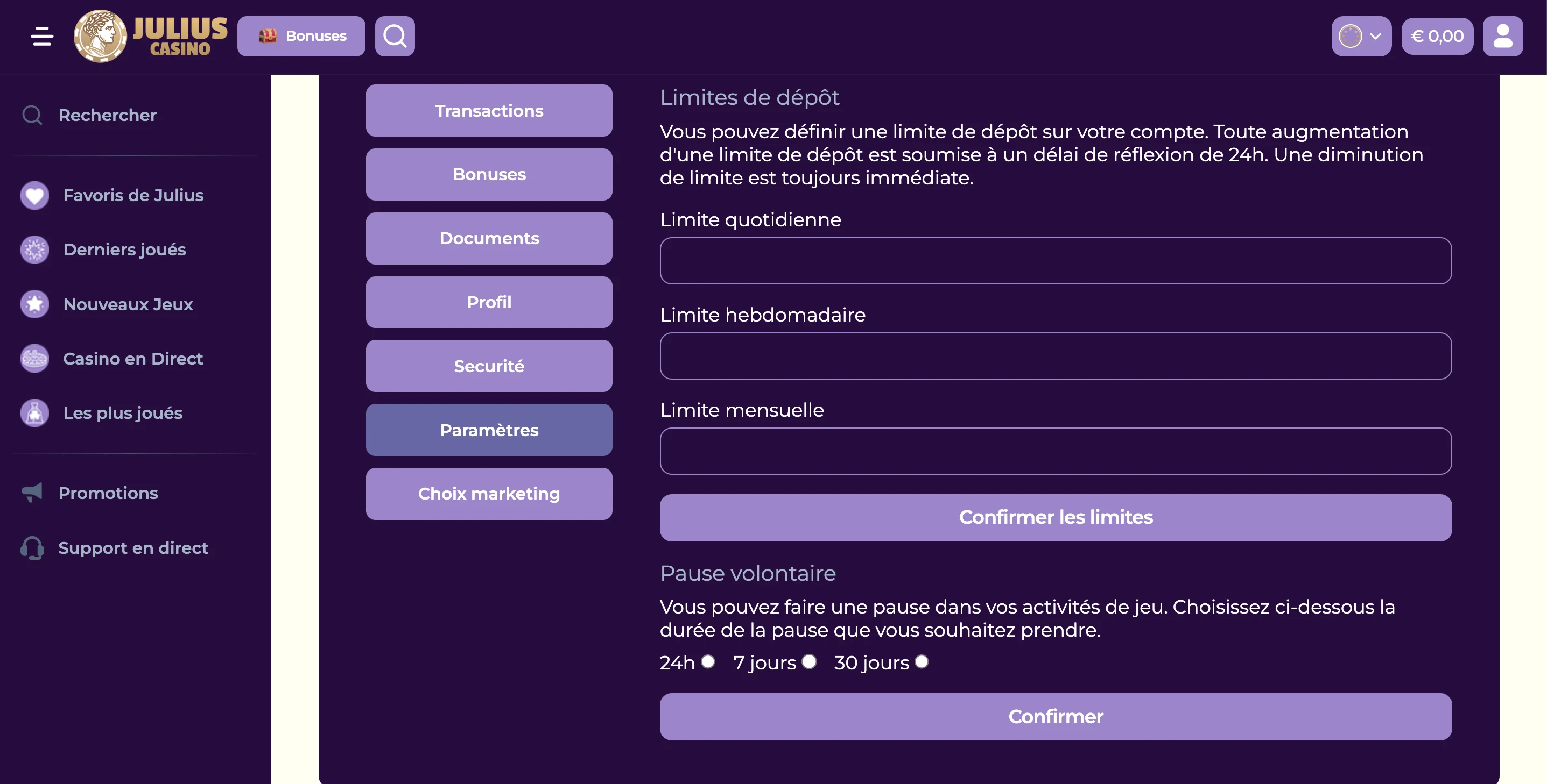 jeu responsable julius casino