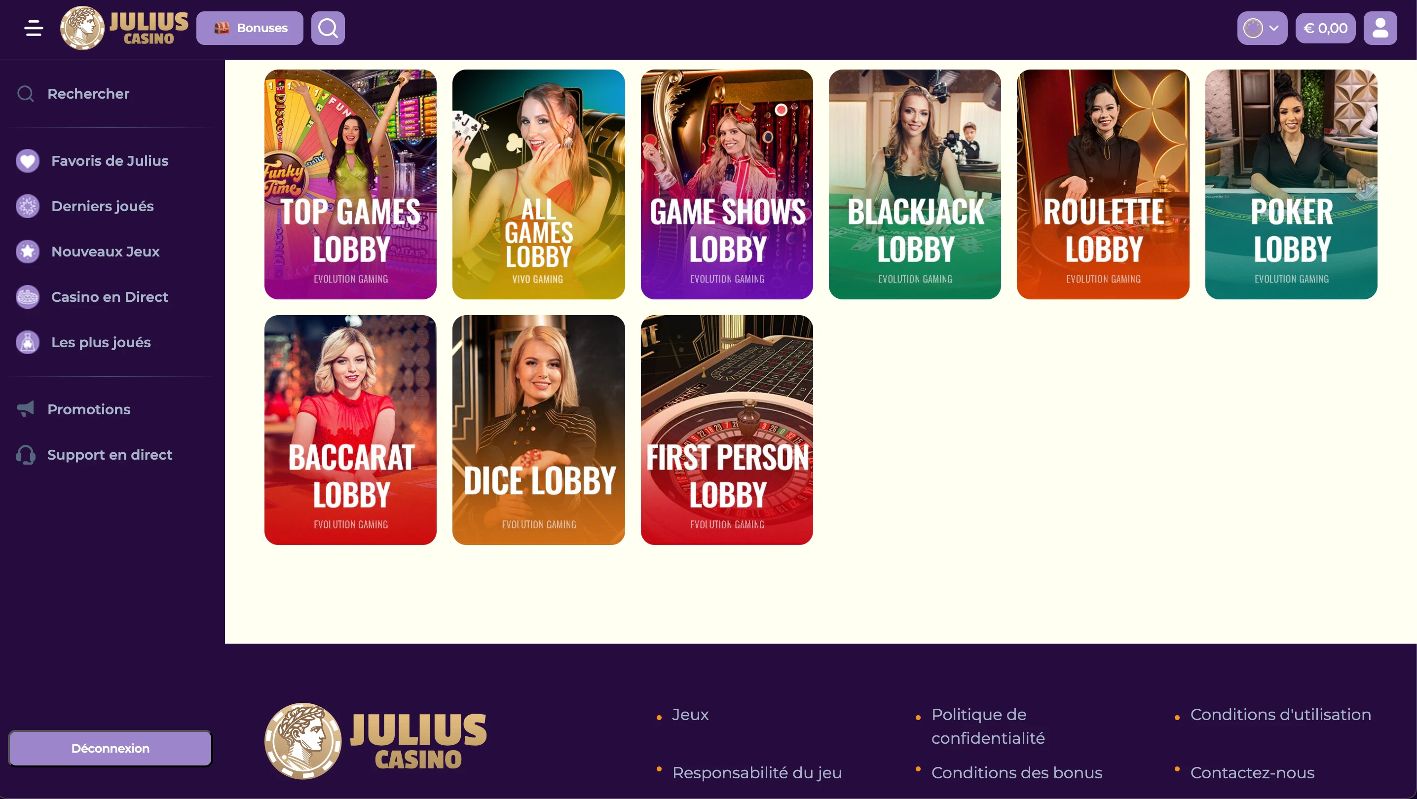 jeux en direct julius casino