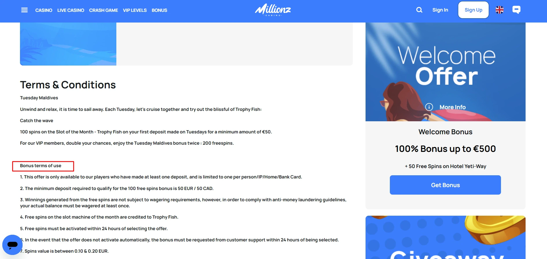 Millionz Casino Free Spins Bonus Terms