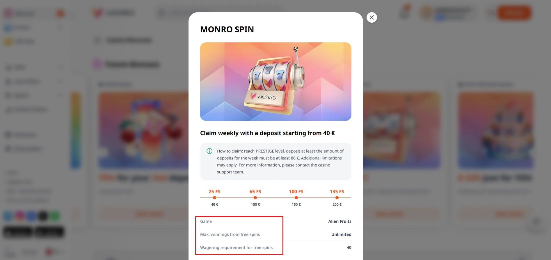 Monro Casino Free Spins Bonus Terms