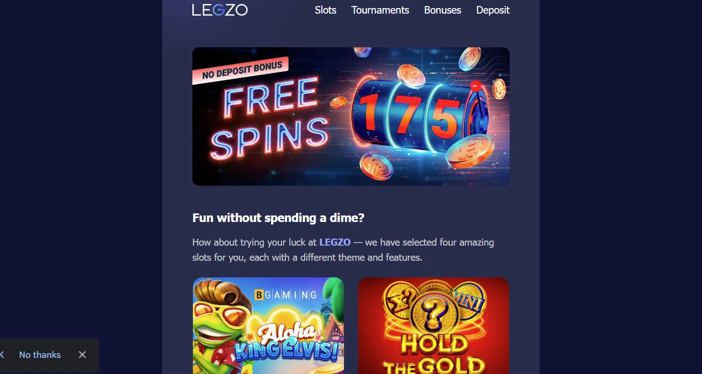 Legzo Casino No Deposit Free Spins Bonus