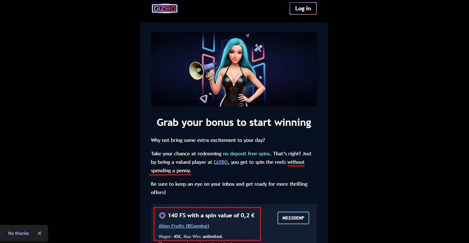 Gizbo Casino No Deposit Free Spins