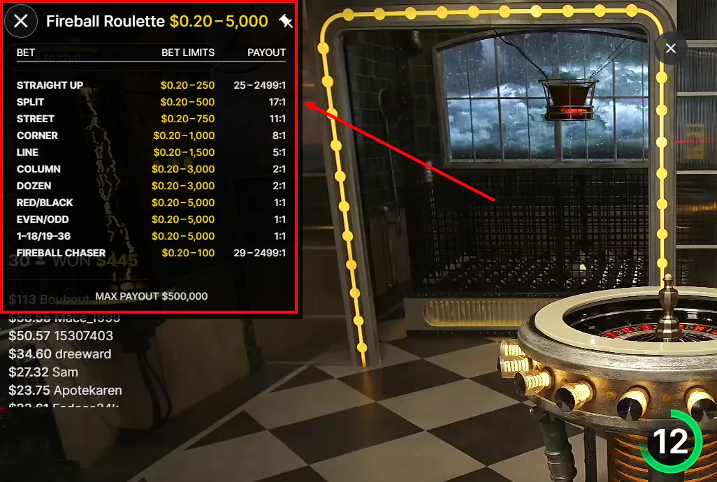 visu des mises sur fireball roulette