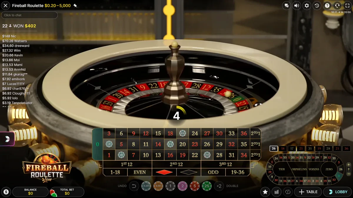 vue sur roulette de fireball roulette