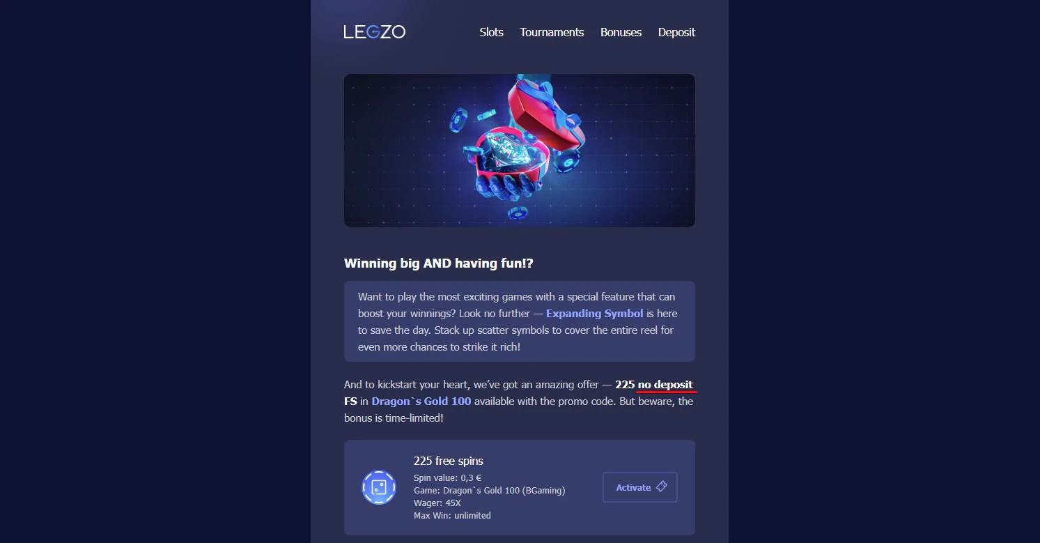 Legzo Casino No Deposit Free Spins