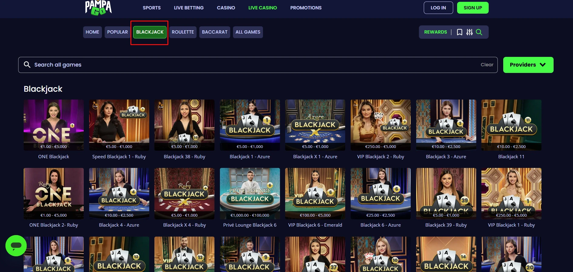 PampaGo Live Blackjack Selection