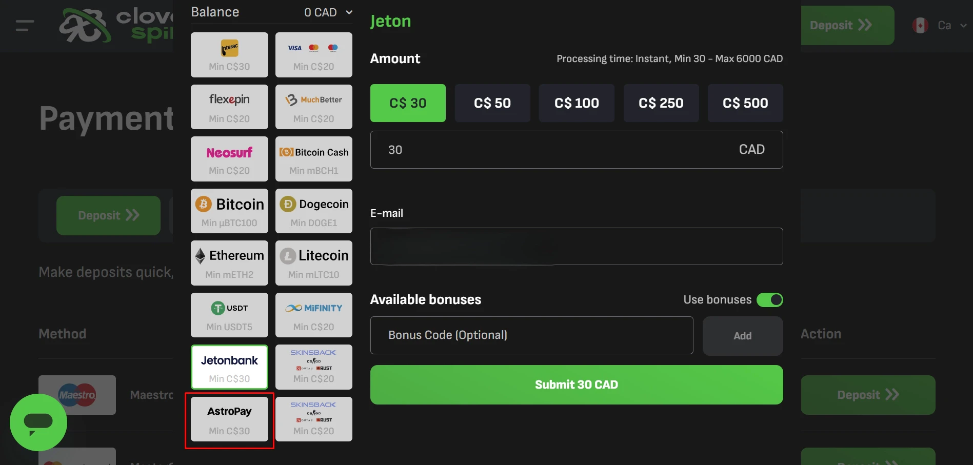 Cloverspin Casino AstroPay