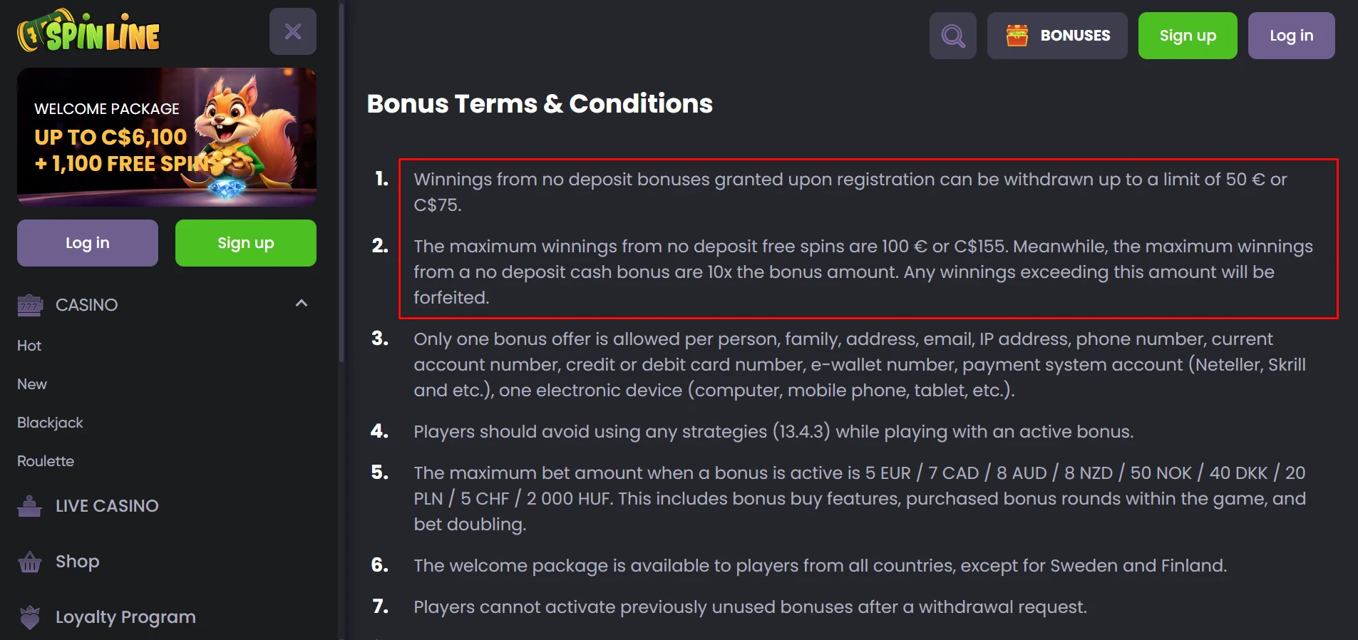 Spinline Casino No Deposit Bonus Terms