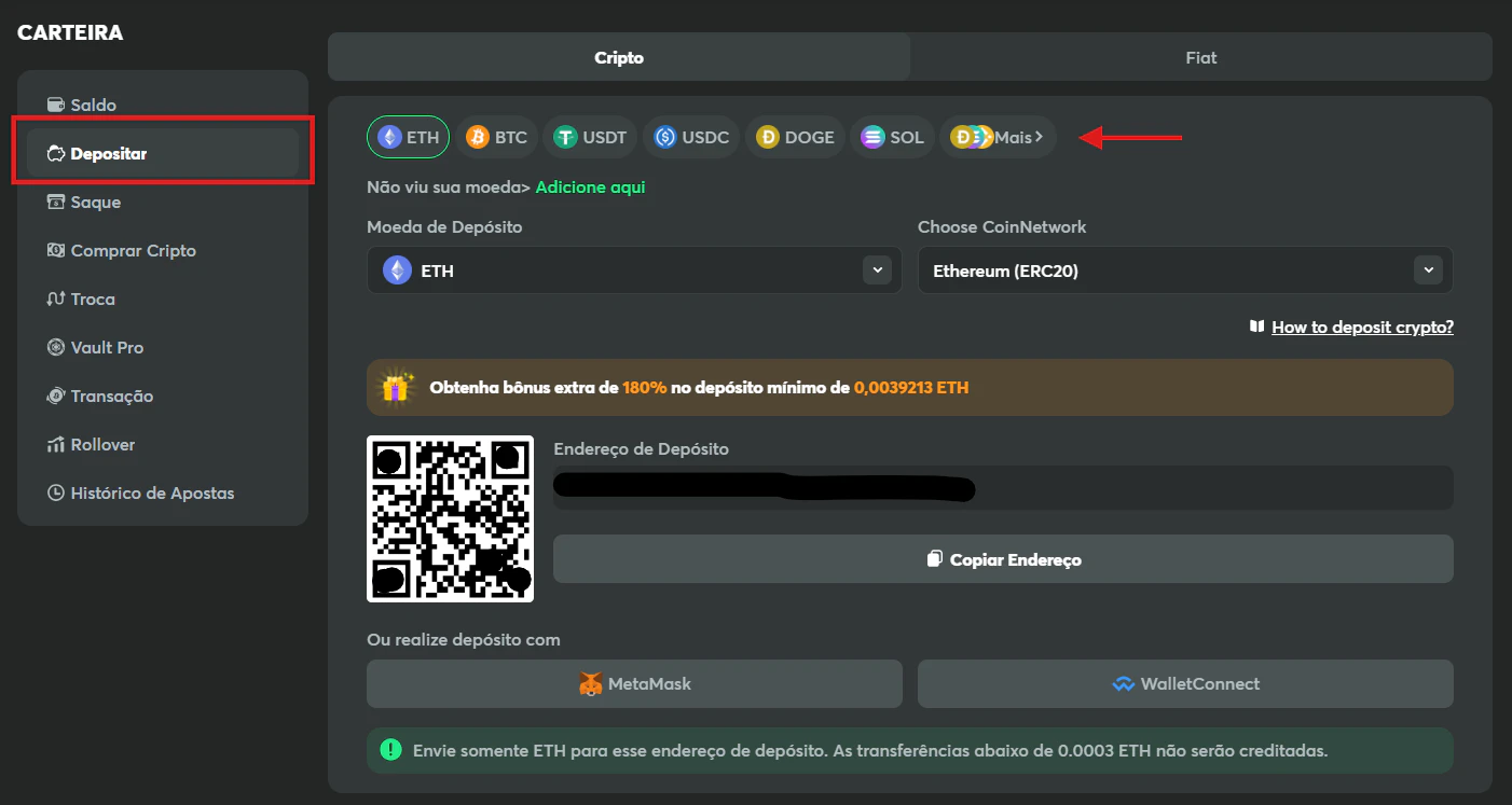 Depósito usando Criptomoeda