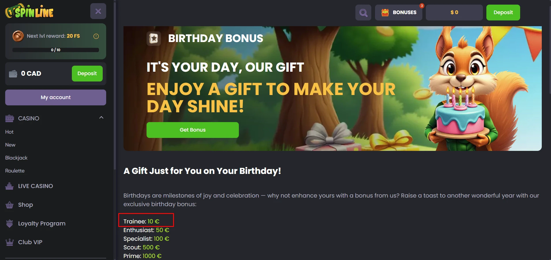 Spinline No Deposit Birthday Bonus