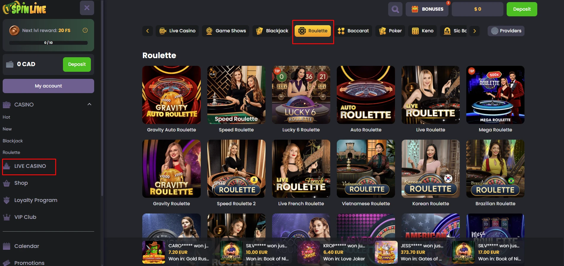 Spinline Live Roulette
