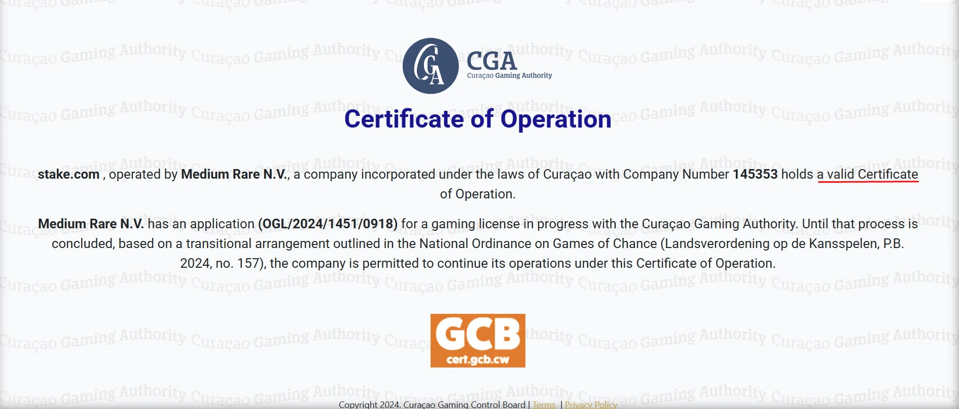 Curacao Certificate of Operation