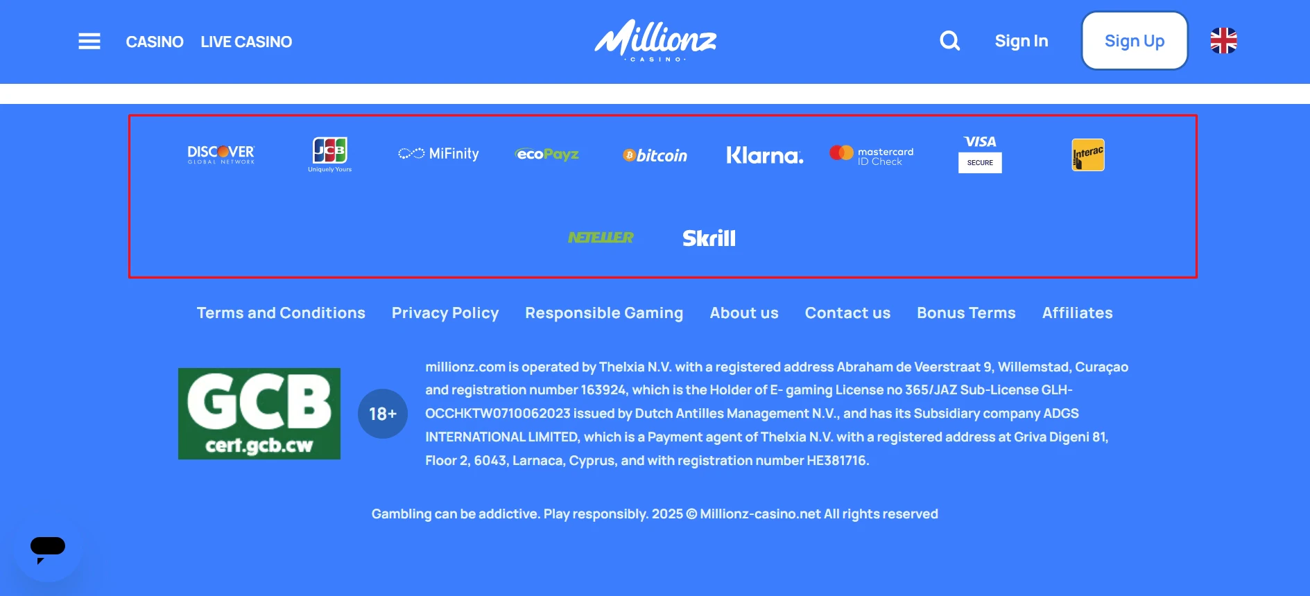 Millionz Casino Payment Methods
