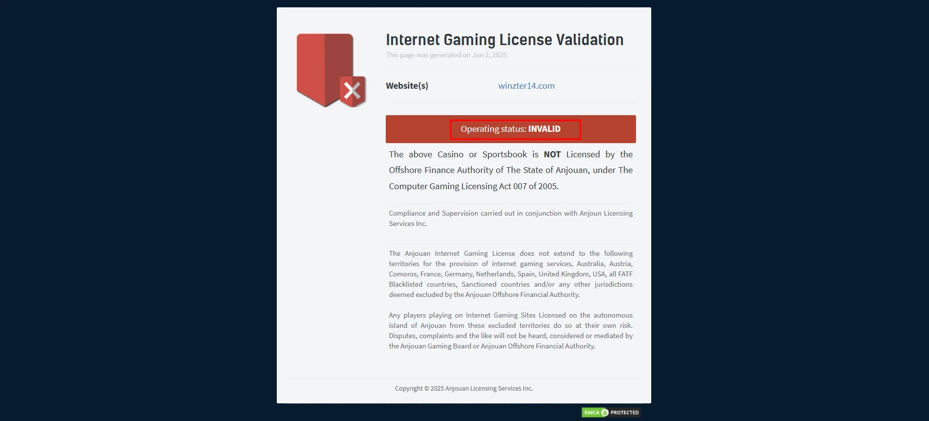 Invalid Gaming License Validation