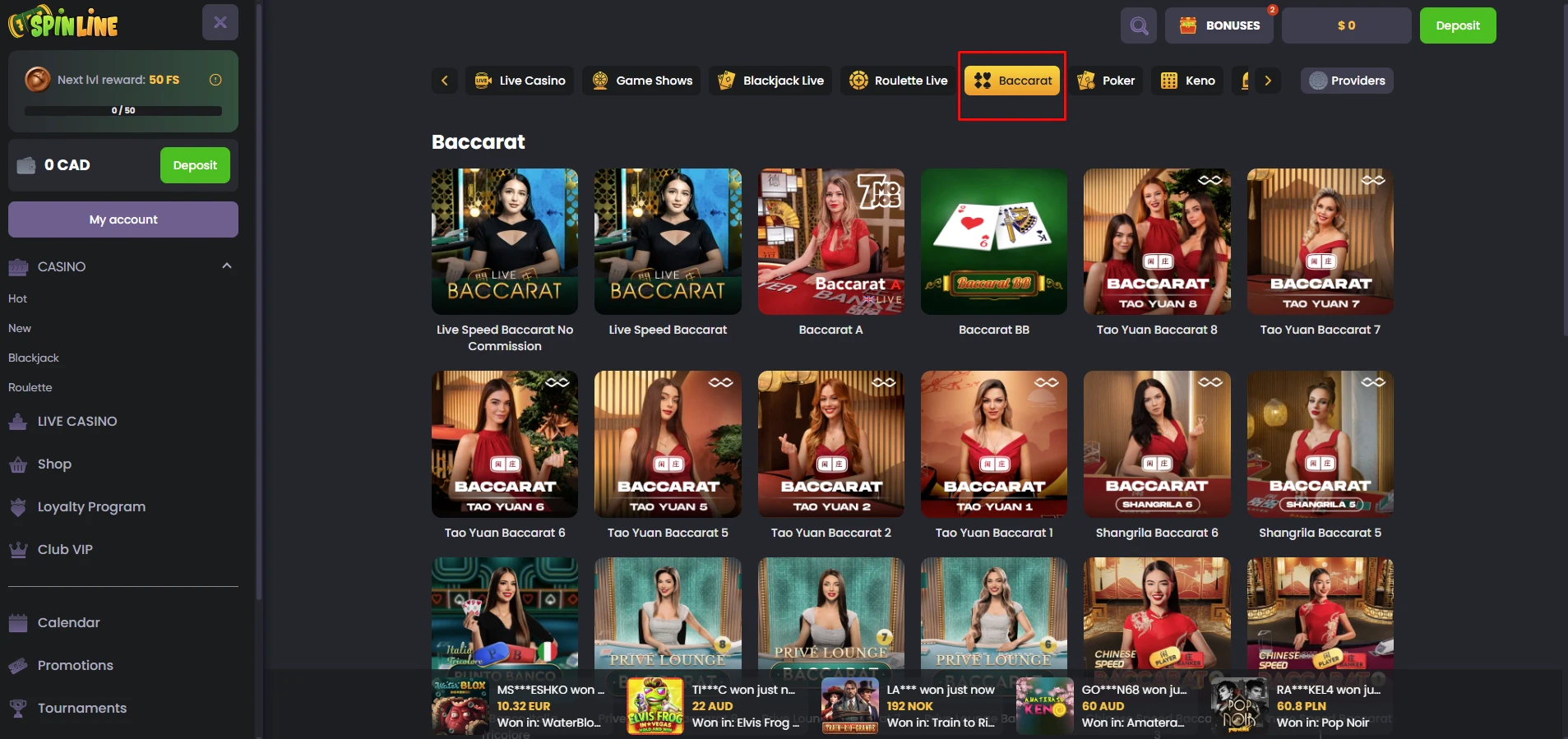 Spinline Casino Baccarat Games