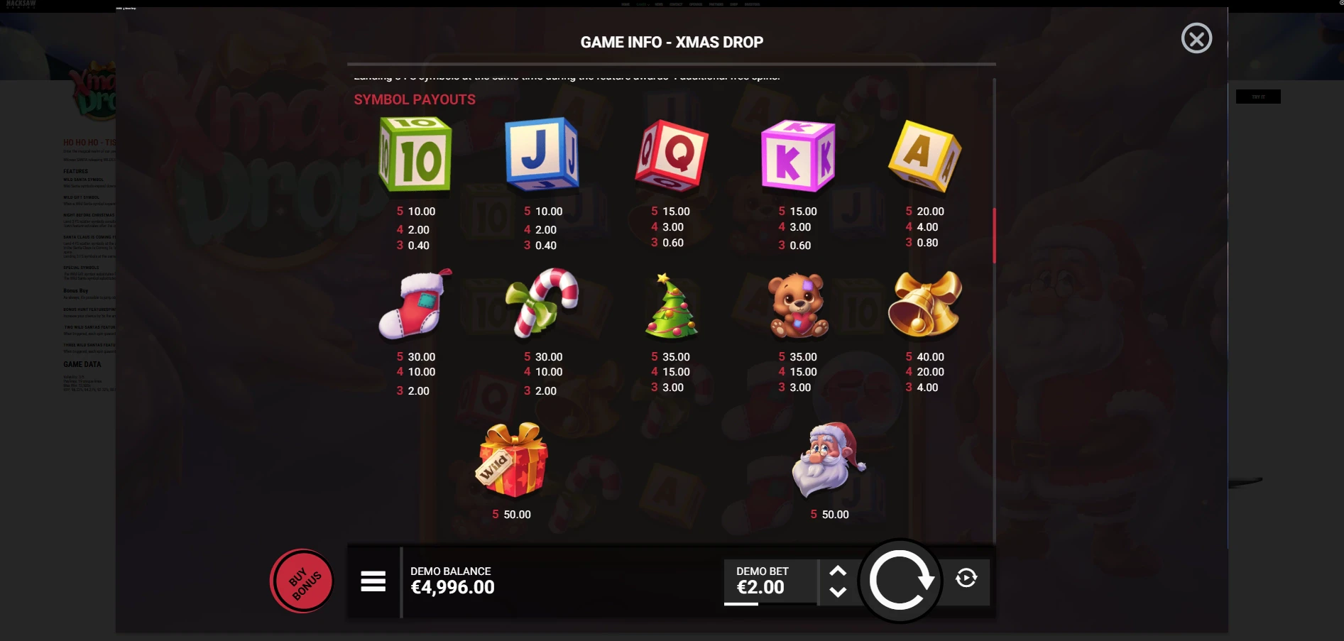 Xmas Drop Paytable