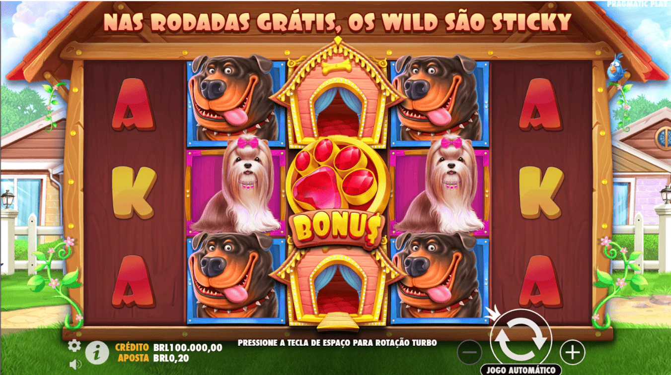 Tela principal do jogo mostra a organização do layout do jogo (5x3) e o tema inspirado em cachorros domesticados.