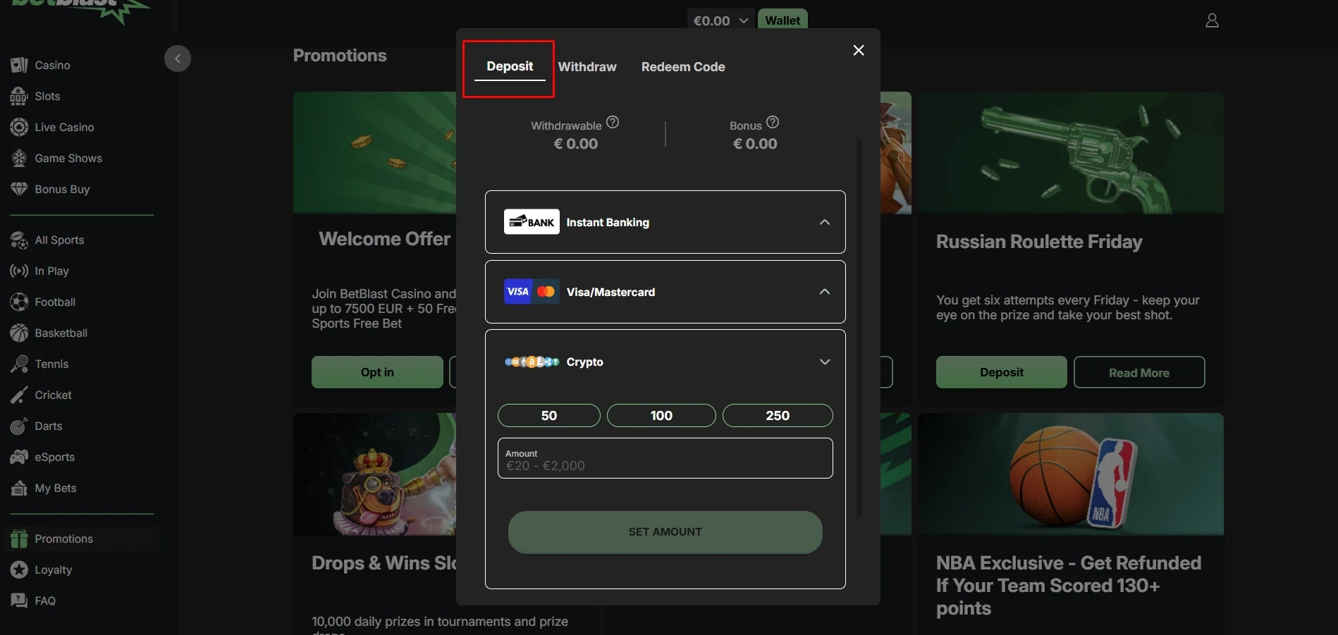 Betblast Deposit Payment Methods